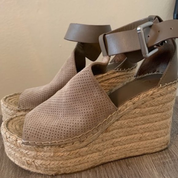 Marc Fisher LTD Annie Perforated Espadrille Platform Wedge Mushroom Suede - Picture 1 of 3